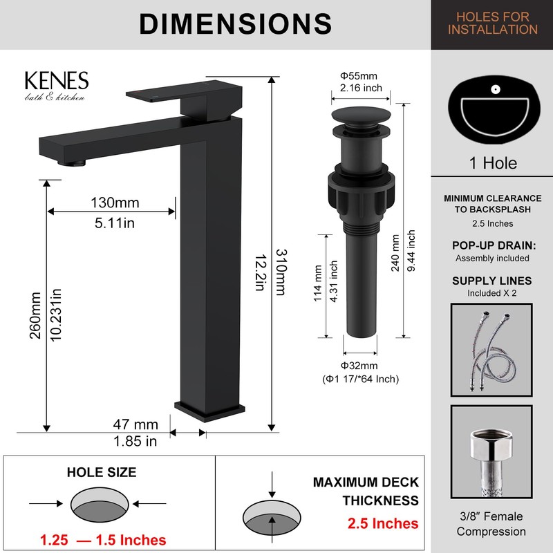 KENES Matte Black Bathroom Faucet Single Handle Tall Vessel Sink