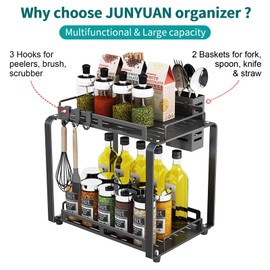 junyuan Bathroom Countertop Organizer, 2 Tier Kitchen Spice Rack Organizer, Larger Bathroom Counter Organizer with 2 Pcs Basket, Counter Storage Shelves for Metal Black