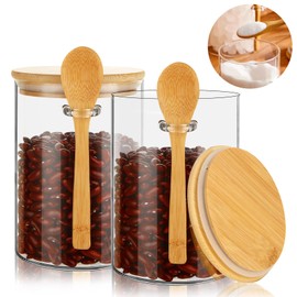 ZOFUN 2 Pcs Glass Jars with Bamboo Lids, 10 cm Glass Jars with Lids 1 Litre, Glass Meal Prep Jars with Spoon, Overnight Oats Jars with Lids for Kitchen Coffee, Tea, Sugar, Spice, Bath Salt