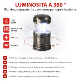 Lanterna da Campeggio LED 200 lumen Estraibile, Compact, Appendibile, Super Luminosa, Lampade da Campeggio per Emergenza Escursione Pesca Trekking