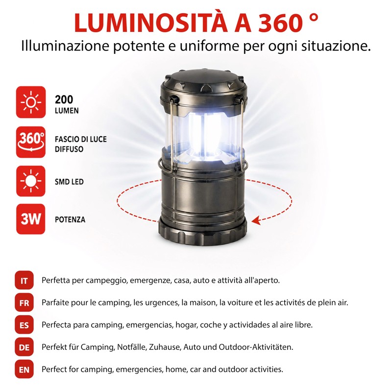 Lanterna da Campeggio LED 200 lumen Estraibile, Compact, Appendibile, Super