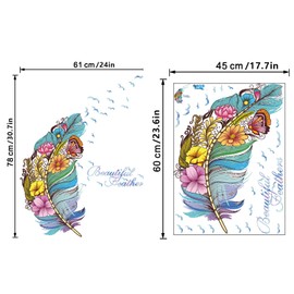 astylishome Bedroom Wall Stickers Feathers Walls Decal Colorful Butterfly Art Sticker Feather Stick on Wallpaper for Window Living Room Home Kitchen Decor 0113