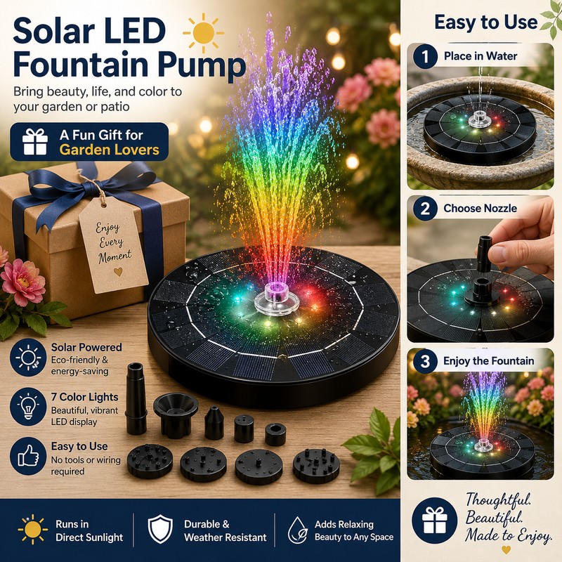 Solar Fountain Pump with LED Lights for Garden Ponds –