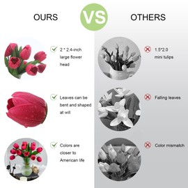 Rose Red Artificial Tulips, 2 Bundles 14Pcs, Fake Tulips Artificial Flowers, 2 x 2.4 Inch Large Flower Head Big Tulip, Easter Valentine's Day Mother's Day Home Decoration Flowers