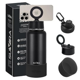 Suvira Stainless Steel Insulated Water Bottle & Magnetic Lid-Compatible with MagSafe,Tripod Phone Mount,&Phone Holder Travel Thermos, Sport,Yoga, Gym Keeps Hot for12 H,Cold 24H (Black, 32 Ounces)