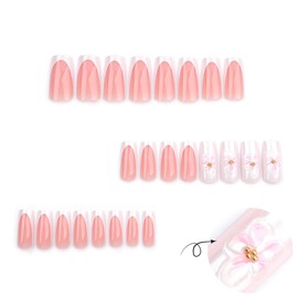 24Pcs 3D Flower Press on Nails Medium Square Fake Nails with White French Tip Design Gold Rhinestones Stamen False Nails Glitter Full Cover Artificial Glue on Nails Spring Stick on Nails for Women DIY