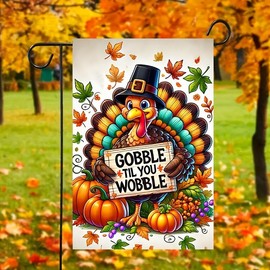 BlissYard Thanksgiving Garden Flag Outdoor Decorations for Outside Double-Sided Printed with Funny Turkey and "Gobble Til You Wobble" Sign 12x18 Inch Seasonal Outdoor Decor for Yard Farmhouse