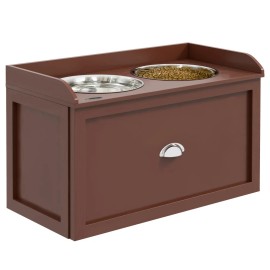 PawHut Dog Feeding Station with Storage Drawer, Dog Food Storage Cabinet with 2 Removable Elevated Dog BowlsColor: Brown