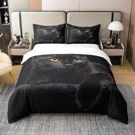 Loussiesd Cat Pet Cat Pattern Bedding Set 135 x 200 cm 100% Cotton Cute Kitten Duvet Cover Set for Children Lightweight Bed Set Mysterious Black Cat Decor