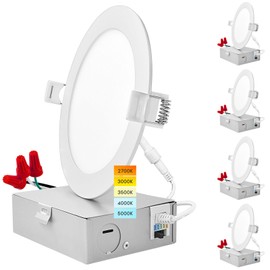 Luxrite 5 Inch Ultra Thin LED Recessed Light with Junction Box, 12W, 5CCT Color Selectable 2700K | 3000K | 3500K | 4000K | 5000K, Dimmable Wafer Lights, 1000 Lumens, ETL & Energy Star, IC Rated 4-Pack
