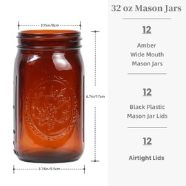 12 Pack 32 oz Amber Mason Jars, Wide Mouth Mason Jars with Lids and Bands and 12 Black Plastic Mason Jar Lids, Canning Jars Used for Canning, Pickling, Juice, Jam, Jelly