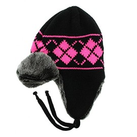Milani Neon Argyle Pattern Knit Aviator Trapper Earflap Beanie Winter Hat Skull Cap with Faux Fur (Hot Pink)