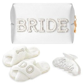 Bride to Be Gift Set, 3 Pack Wedding Essentials Kit with "Bride" Pearl Letter Makeup Bag, "I Do" Plush Slippers and Bling Hair Claw Clip, Perfect Gifts for Bridal Shower Wedding Bachelorette Party