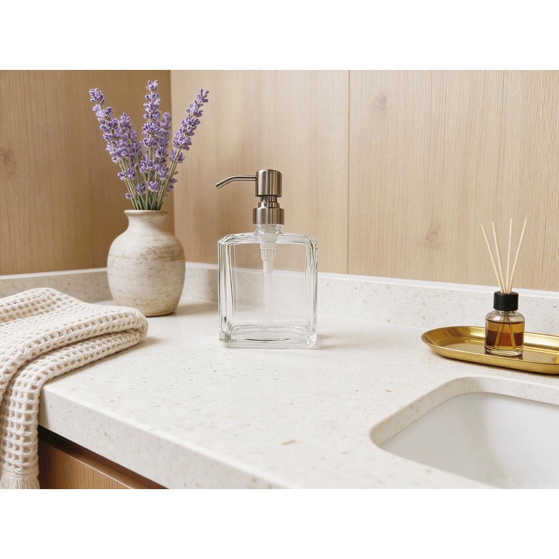 Kmeino Square Clear Glass Dish Soap Dispenser, Antique Design Refillable