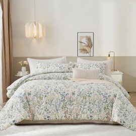 EAVD Vintage Style Botanical Floral Comforter Set Queen Soft Chic Colorful Spring Floral Bedding Set with 2 Pillowcases Fresh Garden Botanical Comforter Set for All-Season