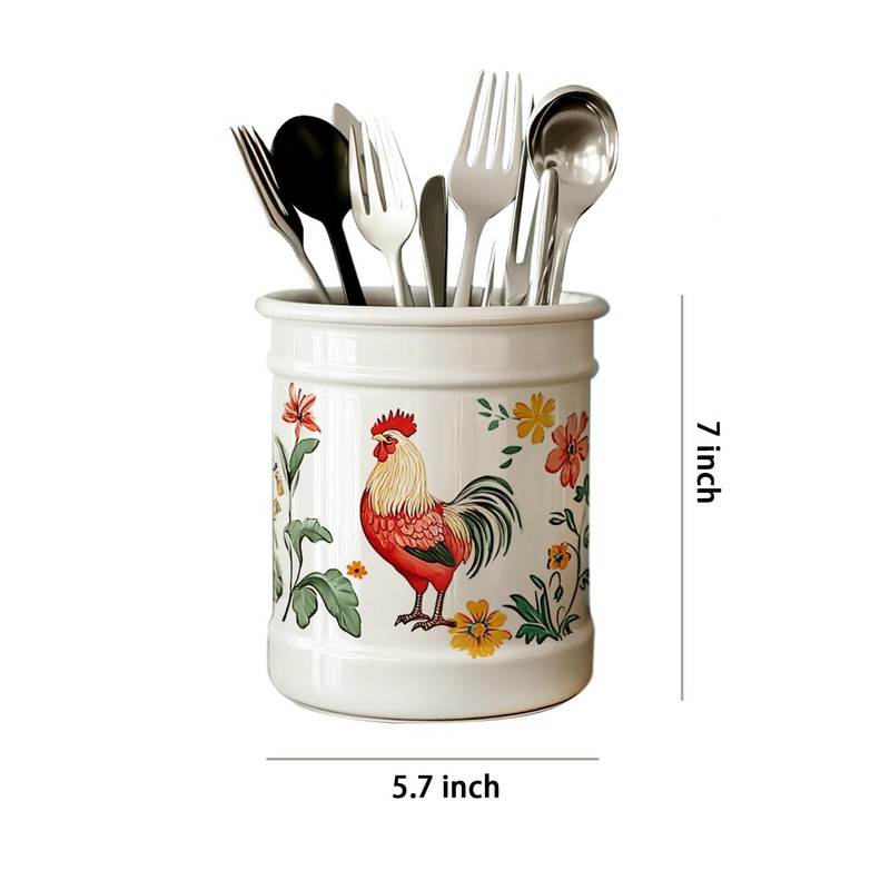 Bicuzat Ceramic Rural Rooster Pattern Kitchen Utensil Holder, Large Cooking