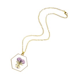FM FM42 Purple Pansy Dried Natural Real Flowers Gold-tone Hexagon Shaped Simulated Resin Pendant Necklace
