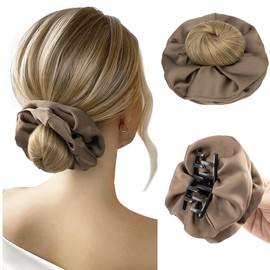 SARLA Small Sleek Claw Clip Hair Bun with Hair Scrunchies Hairpieces for Women Synthetic Elegant Updo Donut Chignon Ponytail Ease Use Sand