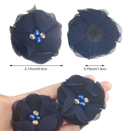 30 PCS Rhinestone Pearl Dark Blue Chiffon Flower Sewing Fabric Appliques for Clothing, Headbands Flower, Crafts, Party Decoration, Sewing Applique