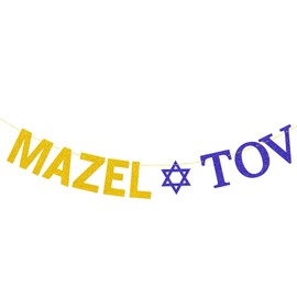 Mazel Tov Banner, Bar Mitzvah Bat Mitzvah Jewish Decorations Engagement Wedding, Birthday Party Decorations Gold&Blue Glitter