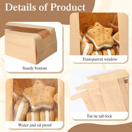 Fullhawl 250 Pcs Bakery Bags with Window and Label Seal Stickers Brown Paper Bread Packages Iron Wire Tie Tab Lock Candy Cookie Kraft Paper Bags for Snacks Pastry Donuts (4.7 x 3.5 x 11.8 Inch)