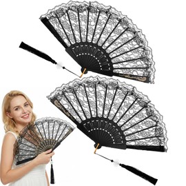 CIATBYYJ 2Pcs Fabric Folding Handheld Fans, Vintage Foldable Lace Fan for Women, Floral Embroidery Hand Fan with Gold Glitter & Tassels, Perfect for Weddings, Parties, Cosplay and Dancing