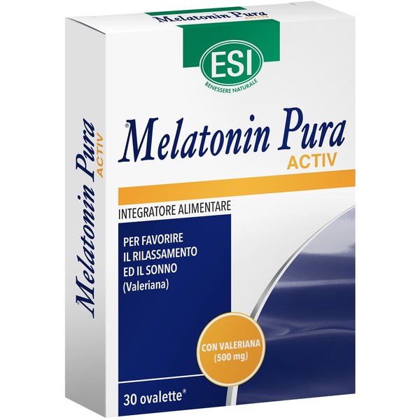 ESI - Melatonin Pure Activ, Food Supplement in Ovalettes based on Melatonin and Valerian, Promotes Sleep and Counteracts Stress, Gluten and Vegan Free, 30 Ovalettes