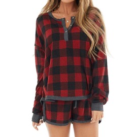 Artfish Women Christmas Pajama Set Shorts Soft Buffalo Plaid Loungewear Comfy Pjs Red,M