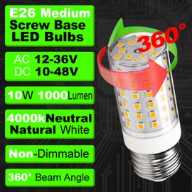 Hylroe 12V 24V E26 Medium Screw Base LED Bulb 10W 4000K Natural White 100 Watt Equivalent Incandescent Low Voltage AC12-36V/DC10-48V for RV Boat Landscape Solar Panel Project Lighting,1000lm,3 Pack