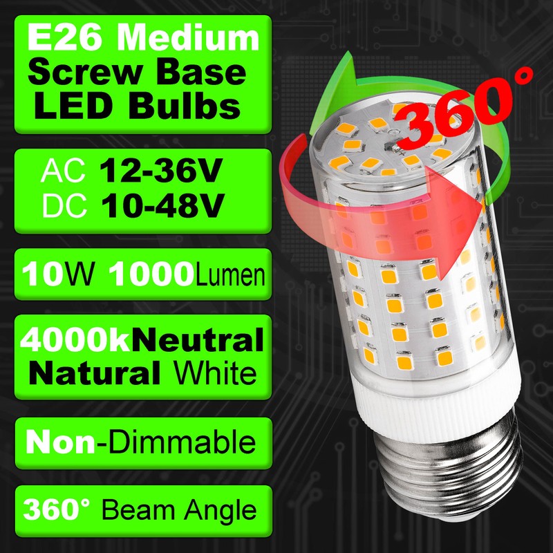 12V 24V E26 Medium Screw Base LED Bulb 10W 4000K