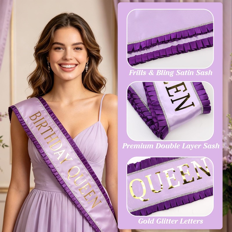 CORNER LACE Double Layered Birthday Queen Sash with Rhinestone Border