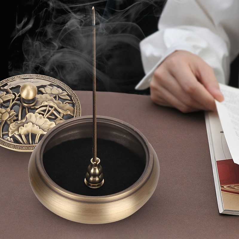 Brass Incense Burner Alloy Metal Stick with Lid Buddhist Supplies