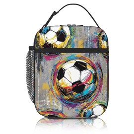 Soccer Lunch Box,Football Ball Lunch Bag，Cute Graffiti Football Ball Lunch Bag For Soccer Lovers, Portable Durable Cooler Reusable Thermal Lunch Box For Boys Girls Kids School Picnic Hiking Work