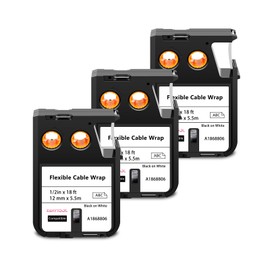 Esaytool 3 X Compatible with Dymo Rhino XTL Flexible Cable Wrap Label Tape 1868806 A1868806 Black on White 12mm 1/2 inch x 18 Feet Replacement for Rhino XTL-300 XTL-500 Label Maker