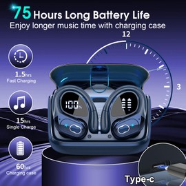 Aptkdoe Wireless Earbuds 75hrs Bluetooth 5.4 Headphone Sport, 2025 Bluetooth Earbuds Stereo Deep Bass Over Ear Bud with Earhooks, ENC Noise Cancelling Mic, IPX7 Waterproof Earphone, Royal Blue