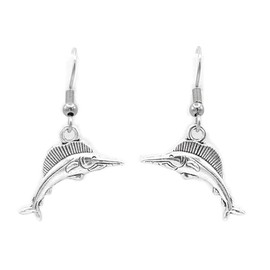 Marlin – 20x13mm - Tibetan Silver charm dangle earrings. Hypoallergenic Stainless-Steel Fishhook or Silver Plated Ball-Post, or Clip-on Earrings Opt.