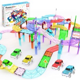 PicassoTiles Juego de 150 piezas de bloques de construcción de pistas de coches de carreras, juego de juguetes educativos de azulejos magnéticos, jueg