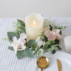 2 Pack Candle Rings Artificial Hydrangea Eucalyptus Leaves Wreaths Small Boho Wreath Pillar Candle Holder for Easter Wedding Home Door Tabletop Decoration (Pink)
