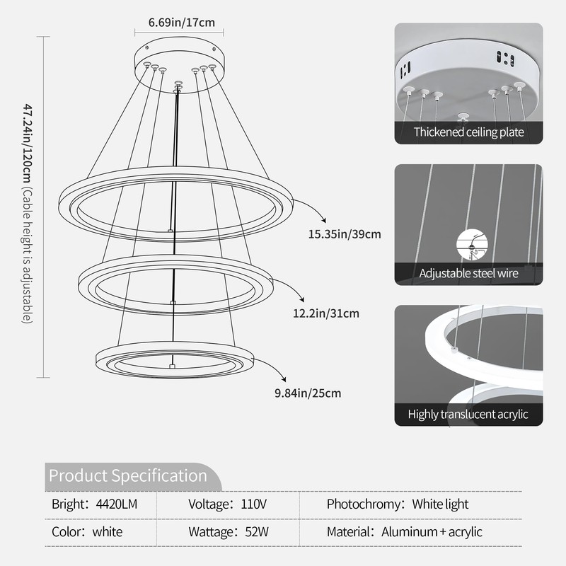 O'NEELDY Modern LED Chandeliers White Pendant Light Fixture 3 Ring