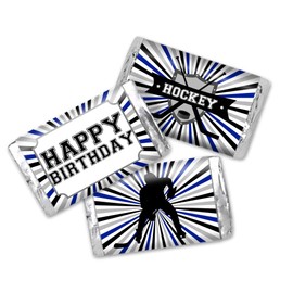 Blue & Gray Hockey Themed Birthday Party Mini Chocolate Candy Bar Sticker Wrappers, 45 1.4" x 2.6" Wrap Around Labels by Amanda Creation, Great for Party Favors