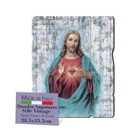 Fratelli Bonella Picture of the Sacred Heart of Jesus Vintage Poplar Wood Thickness 8 mm Religious Picture Bedroom 28.5 x 35.5 cm 100% Made in Italy