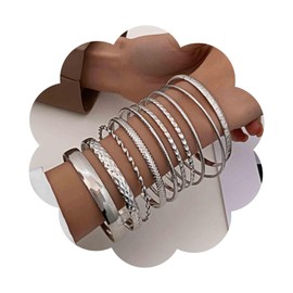 Aneneiceera Punk Layered Bangle Bracelet Set Silver Chunky Bangle Cuff Bracelet Metal Cuff Bangle Bracelets Multi Layer Textured Cuff Bracelet Chunky Hammered Jewelry for Women and Girls 10Pcs(Silver)