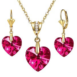 EVEVIC Austrian Crystals Heart Pendant Necklace Earrings for Women 14K Gold Plated Hypoallergenic Leverback Drop Dangle Earring Jewelry Set (Fuchsia)