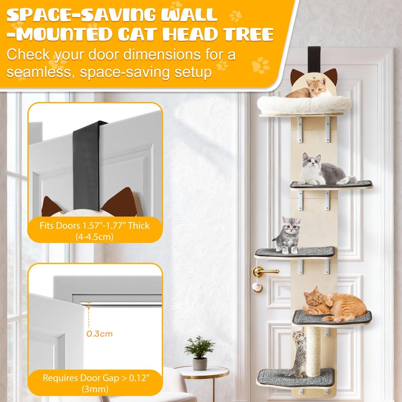 5-Levels Door Hanging Cat Climber, Vertical Door-Mounted Cat Tree Tower