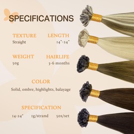 DOORES U Tip Hair Extensions Human Hair 16 Inch 50g/50s, Light Dark Brown Invisible Hair Extensions Straight Human Hair, Pre Bonded Hair Extensions