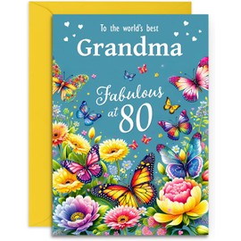 Grandma 80th Birthday Card - Happy Birthday - Fabulous at 80 - Pretty Flowers and Butterflies - A5 Size Card with Yellow Envelope
