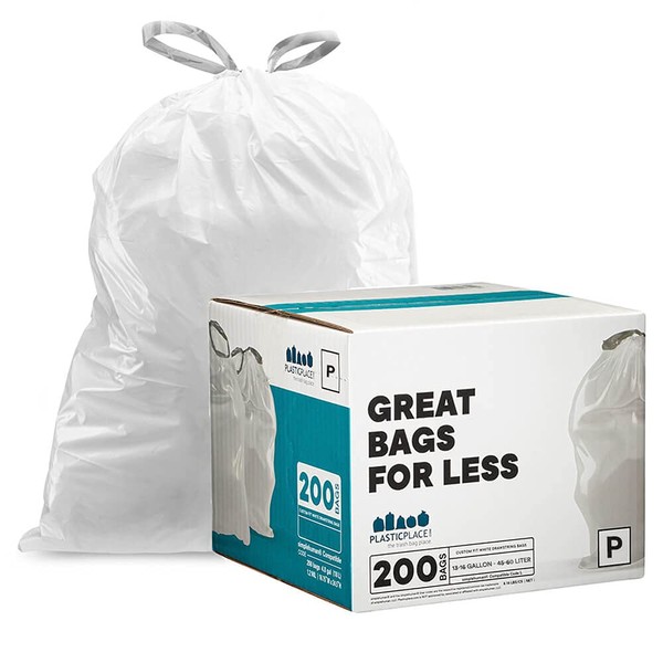 Plasticplace simplehuman (x) Code P Compatible Drawstring Garbage Liners 13-16 Gallon, 23.75" x 31.5", 200 Count, White