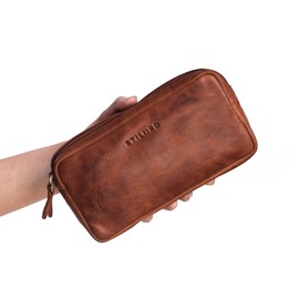 STILORD 'Eddie' Leather Pencil Case Large Pencil Case with 2 Zip Compartments Pencil Case Vintage Pencil Case Cosmetic Bag Genuine Leather, Kara - Cognac, Cosmetic bag