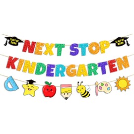 Next Stop Kindergarten Banner, No DIY Glitter Colorful First Day of School Decorations Welcome to Kindergarten Banner for Celebrating First Day of Kindergarten Classroom Party Supplies