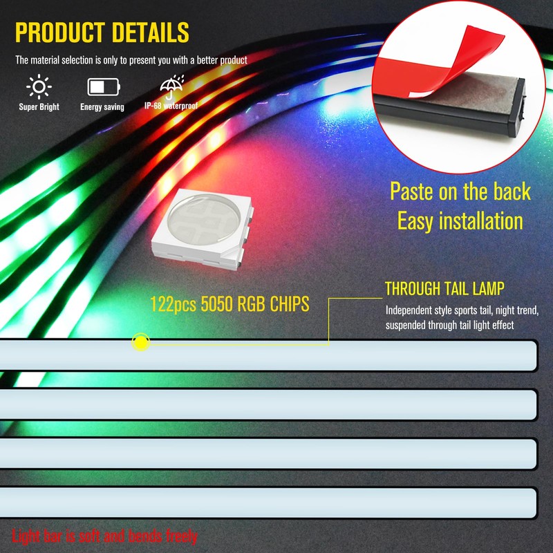 Vooda Car Front Grille LED Light Strip Kit,4X24''Car Exterior Decorative